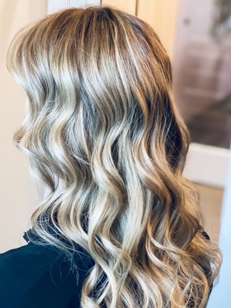 Image of  Women's Hair, Blowout, Balayage, Hair Color, Blonde, Highlights, Foilayage, Long, Hair Length, Layered, Haircuts, Beachy Waves, Hairstyles, Curly