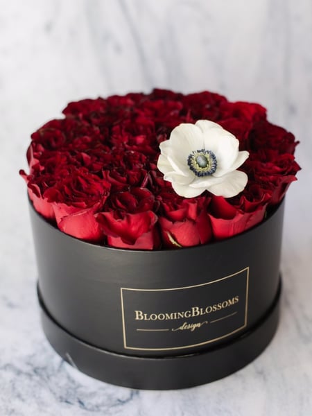 Image of  Florist, Arrangement Type, Bouquet, Occasion, Anniversary, Valentine's Day, Birthday, Size & Display, Medium, Large, Color, White, Red, Black, Flower Type, Rose, Balloon Decor, Event Type, Birthday, Valentine's Day, Colors, White, Black, Red, Accents, Flowers, Anemone