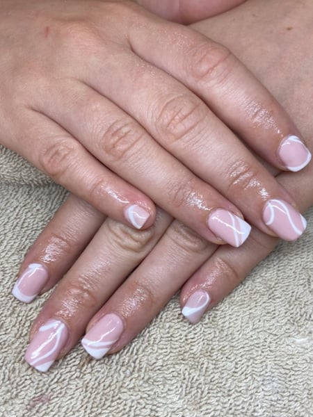 Image of  Nails, Dip Powder, Nail Finish, Gel, Short, Nail Length, Medium, Beige, Nail Color, White, Accent Nail, Nail Style, Hand Painted, Mix-and-Match, Nail Art, French Manicure, Square, Nail Shape, Paraffin Treatment, Treatment