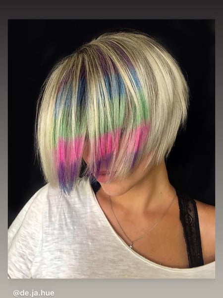 Image of  Women's Hair, Hair Color, Fashion Color, Blonde, Hair Length, Pixie, Short Ear Length, Short Chin Length, Layered, Haircuts, Shaved, Permanent Hair Straightening