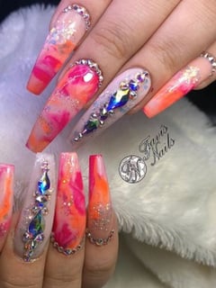 View Mix-and-Match, Nails, Blue, Nail Color, Glitter, Orange, Pastel, Pink, Acrylic, Nail Finish, Long, Nail Length, Coffin, Nail Shape, Accent Nail, Nail Style, Hand Painted, Jewels - Adrianna , Detroit, MI
