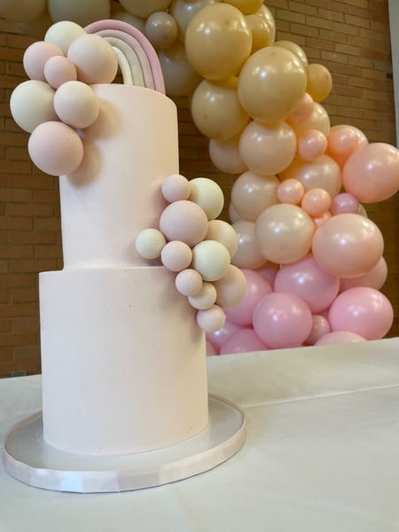 Image of  Balloon Decor, Arrangement Type, Balloon Arch, Event Type, Birthday, Baby Shower, Colors, White, Pink, Pastel, Cakes, Occasion, Birthday, Baby Shower, Color, Beige, Pastel, Pink, White, Icing Type, Buttercream, Shape, Tiered, Round, Theme, Modern, Ivory, Beige