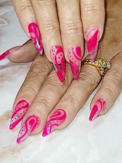 View Hand Painted, Nail Color, Pink, Nail Length, Medium, Nail Finish, Gel, Nails, Nail Shape, Almond, Nail Style - Jackie Coffee, Lakeland, FL