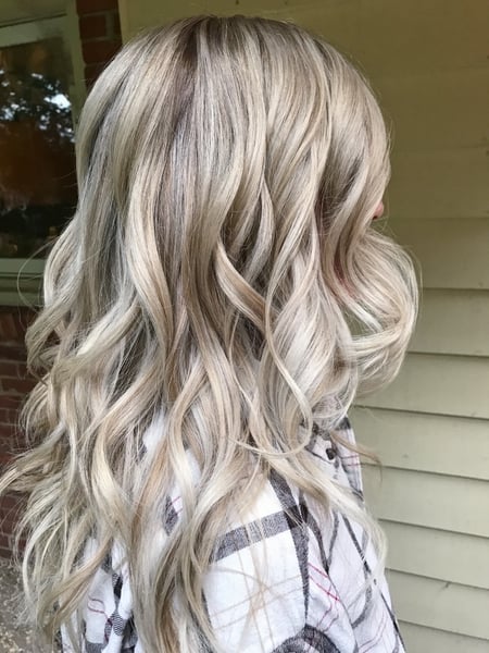 Image of  Layered, Haircuts, Women's Hair, Blowout, Beachy Waves, Hairstyles, Curly, Highlights, Hair Color, Blonde, Foilayage, Long, Hair Length