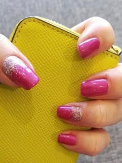 View Short, Nail Length, Nails, Nail Art, Nail Style, Ombré, Accent Nail, Pink, Nail Color, Glitter, Manicure, Gel, Nail Finish, Squoval, Nail Shape - Elyse Beckman, Lafayette, CO