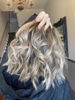 View Women's Hair, Balayage, Hair Color, Blonde, Foilayage, Highlights, Shoulder Length, Hair Length, Haircuts, Beachy Waves, Hairstyles - Kayley Bell, Griffin, GA