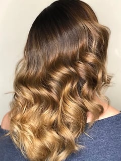 View Long Hair (Upper Back Length), Women's Hair, Balayage, Hair Color, Blonde, Hair Length, Beachy Waves, Hairstyle - Katie , Kansas City, MO