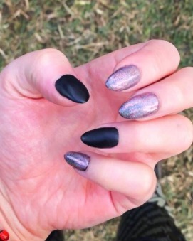 Image of  Nails, Black, Nail Color, Glitter, Purple, Acrylic, Nail Finish, Medium, Nail Length, Almond, Nail Shape, Accent Nail, Nail Style