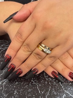 View Nails, Nail Finish, Acrylic, Gel, Long, Nail Length, Black, Nail Color, Glitter, Metallic, Red, Hand Painted, Nail Style, Nail Art, Coffin, Nail Shape - Grace Thomsen, West Des Moines, IA