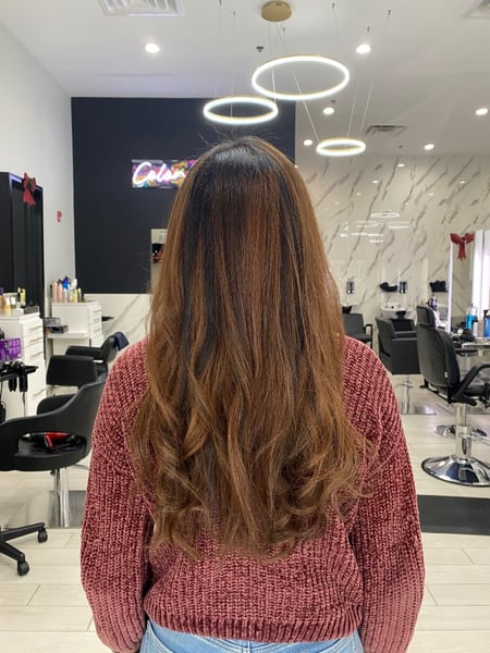 Image of  Layered, Haircuts, Women's Hair, Blunt, Dominican Blowout, Permanent Hair Straightening, Curly, Hairstyles, Beachy Waves, Highlights, Hair Color, Balayage, Long, Hair Length