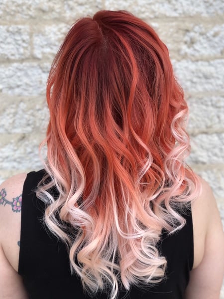 Image of  Women's Hair, Blowout, Hair Color, Balayage, Blonde, Fashion Color, Foilayage, Ombré, Red, Medium Length, Hair Length, Haircuts, Beachy Waves, Hairstyles, Layered