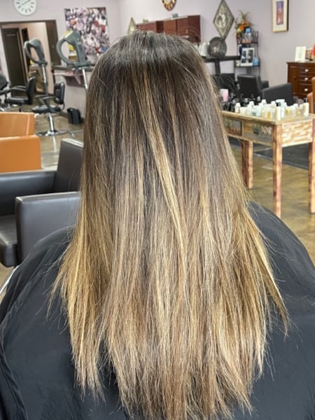 Image of  Women's Hair, Hair Color, Balayage, Brunette, Blonde, Foilayage, Highlights, Hair Length, Long, Layered, Haircuts, Straight, Hairstyles