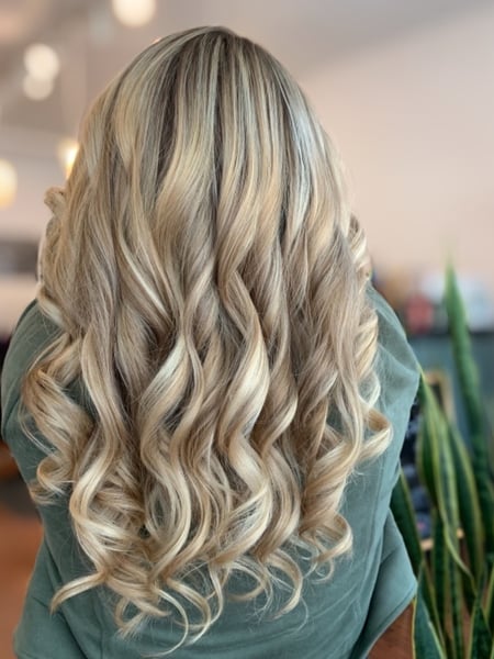 Image of  Women's Hair, Blowout, Hair Color, Blonde, Highlights, Hair Length, Long Hair (Mid Back Length), Haircut, Layers, Hairstyle, Curls