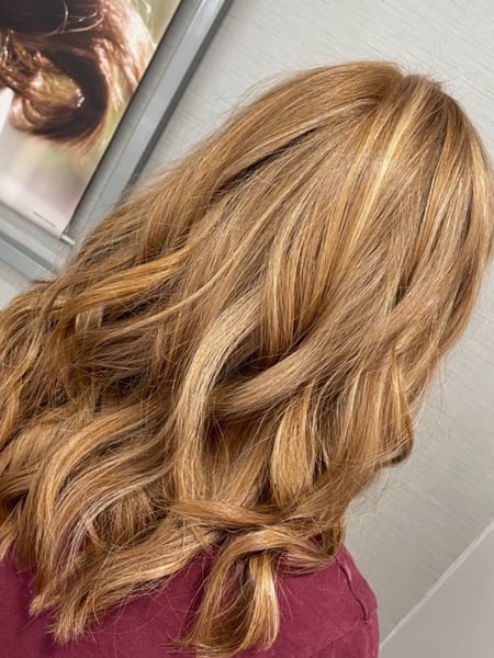 Image of  Women's Hair, Blowout, Hair Color, Blonde, Full Color, Highlights, Red, Long Hair (Upper Back Length), Hair Length, Layers, Haircut, Beachy Waves, Hairstyle, Curls