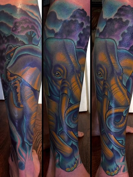 Image of  Tattoos, Tattoo Style, Tattoo Bodypart, Tattoo Colors, Japanese, Calf , Ankle , Blue, Gold, Purple 