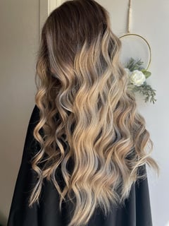 View Hair Color, Long Hair (Upper Back Length), Hair Length, Women's Hair, Balayage, Curls, Hairstyle - Kristina Bates, Yukon, OK