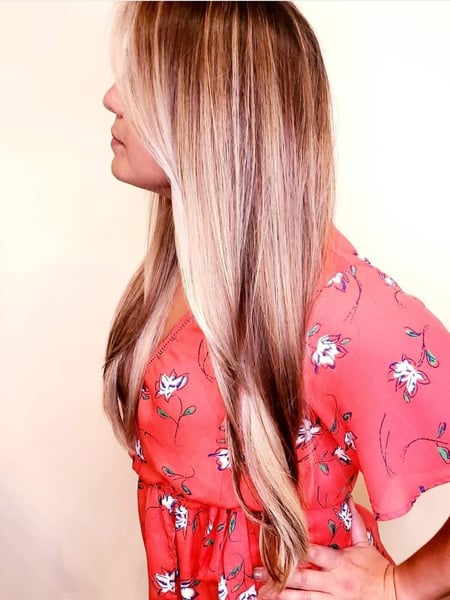 Image of  Women's Hair, Blowout, Hair Color, Foilayage, Full Color, Highlights, Brunette, Blonde, Long, Hair Length, Layered, Haircuts, Beachy Waves, Hairstyles, Straight, Natural
