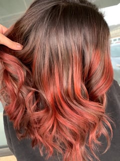 View Women's Hair, Balayage, Hair Color, Brunette, Foilayage, Blowout, Red, Hair Length, Shoulder Length, Beachy Waves, Hairstyles - Taylor Cruz, North Royalton, OH