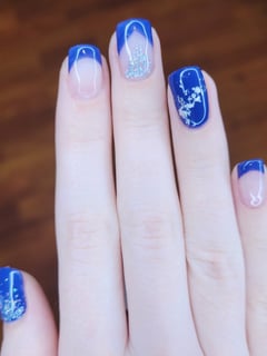 View Accent Nail, Treatment, Nail Shape, Squoval, Nail Art, Mix-and-Match, Hand Painted, French Manicure, Nail Style, Glitter, Clear, Beige, Nail Color, Blue, Nail Length, Short, Nail Finish, Gel, Manicure, Nails - Jenny Davis, Melbourne, FL