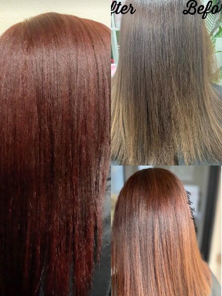 Image of  Haircuts, Women's Hair, Blunt, Permanent Hair Straightening, Natural, Hairstyles, Straight, Color Correction, Hair Color, Red, Full Color, Shoulder Length, Hair Length