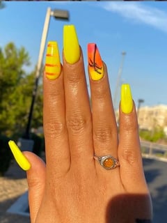 View Nails, Manicure, Black, Nail Color, Orange, Yellow, Acrylic, Nail Finish, Long, Nail Length, Coffin, Nail Shape, Hand Painted, Nail Style - Trinity , Las Vegas, NV