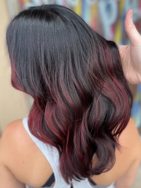 Image of  Women's Hair, Balayage, Hair Color, Black, Fashion Color, Red, Highlights, Ombré, Foilayage, Medium Length, Hair Length, Haircuts, Curly, Curly, Hairstyles
