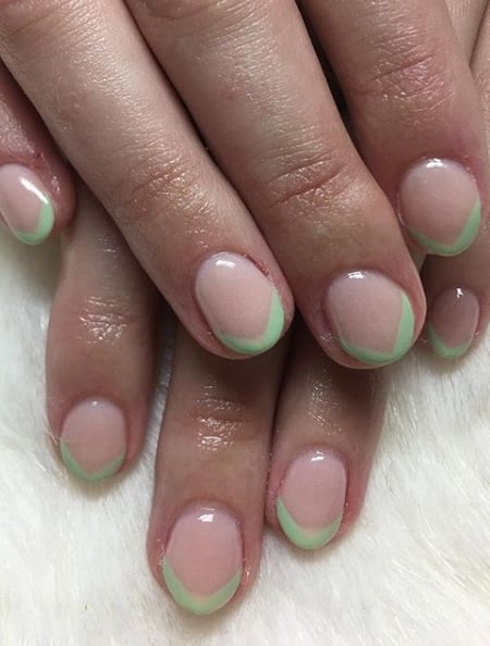 Image of  Nails, Clear, Nail Color, Light Green, Gel, Nail Finish, Short, Nail Length, Nail Shape, Round, French Manicure, Nail Style