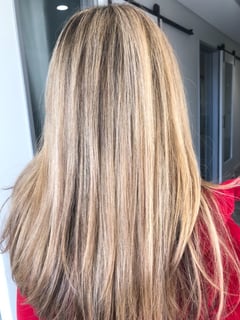 View Women's Hair, Blonde, Haircut, Blunt (Women's Haircut), Hair Length, Long Hair (Mid Back Length), Highlights, Foilayage, Hair Color, Balayage - Abby Lin, Gilbert, AZ