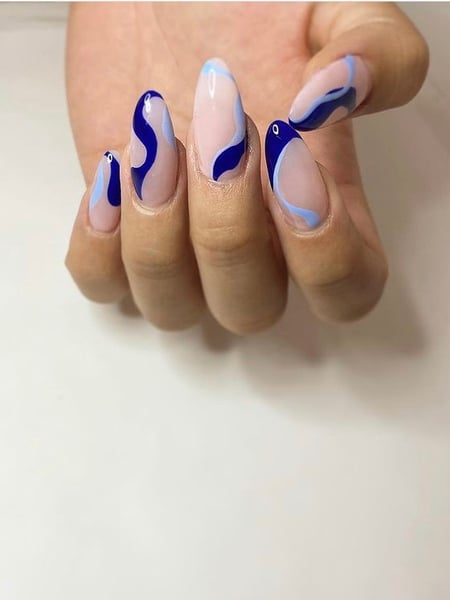 Image of  Nails, Manicure, Acrylic, Nail Finish, Medium, Nail Length, Blue, Nail Color, Beige, Hand Painted, Nail Style, Mix-and-Match, Nail Art, Almond, Nail Shape