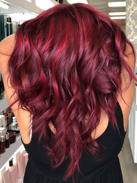 Image of  Women's Hair, Hair Color, Fashion Color, Red, Highlights, Layered, Haircuts, Beachy Waves, Hairstyles