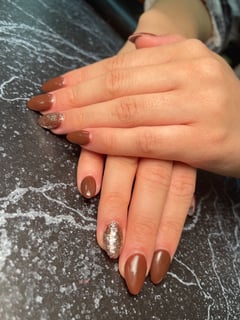 View Gel, Acrylic, Nail Finish, Nail Shape, Almond, Nail Style, Accent Nail, Metallic, Gold, Glitter, Nail Color, Brown, Nail Length, Short, Nails - Grace Thomsen, West Des Moines, IA