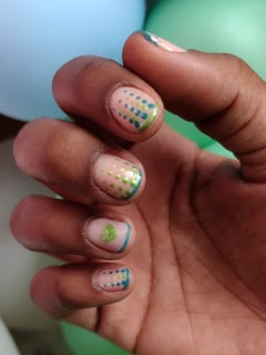 View Nails, Treatment, Paraffin Treatment, Round, Nail Shape, Nail Art, Mix-and-Match, Hand Painted, Nail Style, French Manicure, Metallic, Green, Light Green, Blue, Nail Color, Beige, Nail Length, Short, Nail Finish, Gel, Manicure - Naroly Beltre, West Nyack, NY