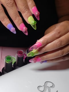 View Nail Service Type, Nails, Gel, Purple, Pink, 3D, Almond, Glitter, Nail Style, Nail Color, Nail Length, Manicure, French Manicure, Nail Finish, Glass, Medium, Nail Shape - Abrianna Reeves, Burbank, CA