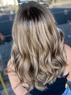 View Women's Hair, Hairstyle, Beachy Waves, Long Hair (Upper Back Length), Hair Length, Highlights, Balayage, Foilayage, Blonde, Hair Color - Mitzy Aguilar, Escondido, CA