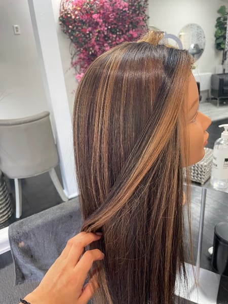Image of  Long, Hair Length, Women's Hair, Blunt, Haircuts, Foilayage, Hair Color, Highlights, Color Correction, Balayage, Blonde, Blowout, Hairstyles, Wigs, Silk Press, Permanent Hair Straightening, Hair Restoration
