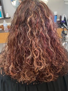 View Curly, Haircuts, Women's Hair, Layered, Highlights, Hair Color, Full Color, Red, Blonde, Brunette, Hair Length, Medium Length - Sarah Ball, North Hampton, NH