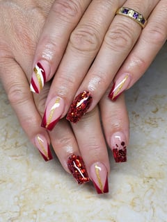 View Glitter, Nail Style, French Manicure, Nail Color, Red, Nail Length, Medium, Gel, Nail Finish, Acrylic, Nails, Nail Shape, Coffin - Ivet Campos , West Palm Beach, FL