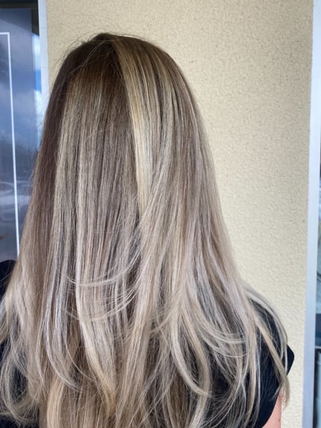 Image of  Women's Hair, Blowout, Hair Color, Balayage, Blonde, Brunette, Foilayage, Highlights, Ombré, Long, Hair Length, Layered, Haircuts, Straight, Hairstyles