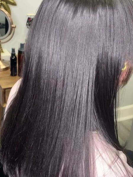 Image of  Women's Hair, Black, Hair Color, Long Hair (Mid Back Length), Hair Length, Blunt (Women's Haircut), Haircut, Silk Press, Smoothing 