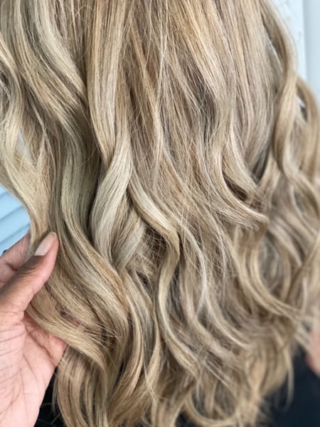 Image of  Women's Hair, Balayage, Hair Color, Blonde, Color Correction, Foilayage, Highlights, Full Color, Medium Length, Hair Length, Shoulder Length, Haircuts, Layered, Beachy Waves, Hairstyles, Hair Extensions