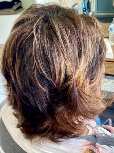 Image of  Women's Hair, Blowout, Hair Color, Blonde, Brunette, Color Correction, Foilayage, Full Color, Highlights, Hair Length, Short Ear Length, Short Chin Length, Haircuts, Bangs, Curly, Layered, Hairstyles, Curly, Straight
