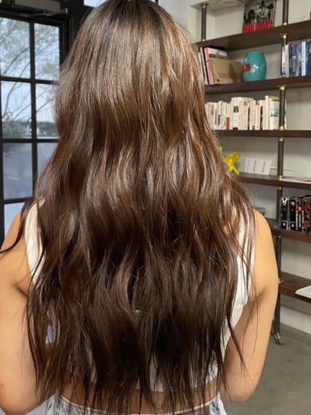 Image of  Women's Hair, Balayage, Hair Color, Brunette, Color Correction, Foilayage, Full Color, Long, Hair Length, Layered, Haircuts, Curly, Beachy Waves, Hairstyles, Curly, Natural