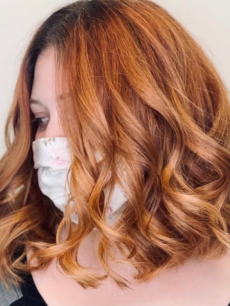 Image of  Women's Hair, Hair Color, Blowout, Balayage, Color Correction, Foilayage, Full Color, Highlights, Red, Hair Length, Short Ear Length, Short Chin Length, Shoulder Length, Haircuts, Bob, Curly, Beachy Waves, Hairstyles, Bridal, Curly