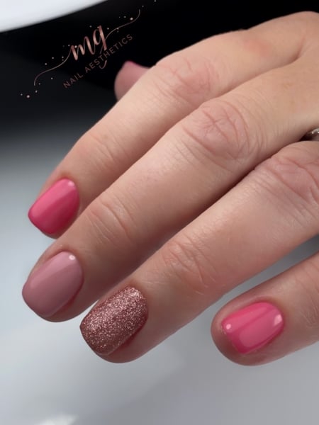 Image of  Nails, Manicure, Gel, Nail Finish, Short, Nail Length, Glitter, Nail Color, Pink, Squoval, Nail Shape