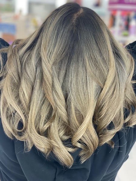 Image of  Curly, Hairstyles, Women's Hair, Hair Color, Full Color, Foilayage, Highlights, Ombré, Blonde, Balayage