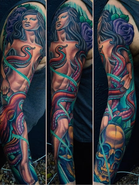 Image of  Tattoos, Tattoo Style, Tattoo Bodypart, Tattoo Colors, Japanese, Shoulder, Arm , Forearm , Wrist , Blue, Green , Purple , Red