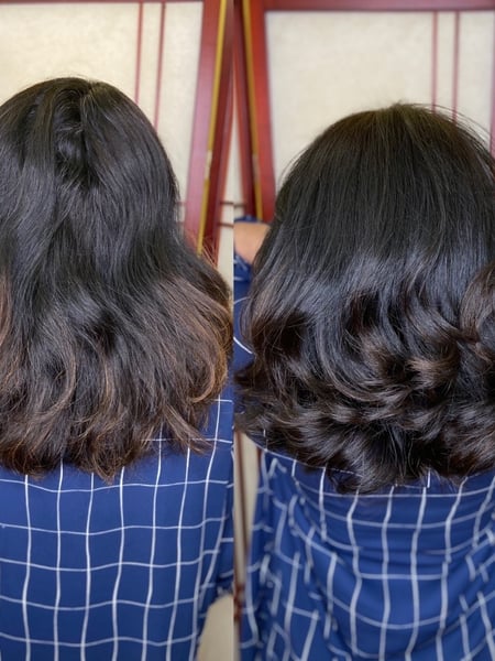 Image of  Women's Hair, Brunette, Hair Color, Blowout, Hair Length, Bangs, Haircuts