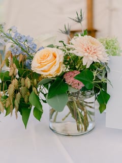 View Florist, Thistle, Sedum, Delphinium, Hydrangea, Flower Type, Wedding Centerpiece, Wedding, Occasion, Centerpiece, Arrangement Type - Elizabeth Milliken, Yarmouth, MA