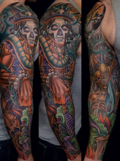 View Tattoos, Tattoo Style, Tattoo Bodypart, Tattoo Colors, Japanese, Shoulder, Arm , Forearm , Wrist , Black , Blue, Gold, Green , Purple , Red, White  - Terry Ribera, San Diego, CA