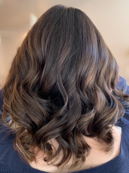 Image of  Women's Hair, Blowout, Hair Color, Brunette, Balayage, Ombré, Hair Length, Shoulder Length, Medium Length, Haircuts, Layered, Hairstyles, Curly